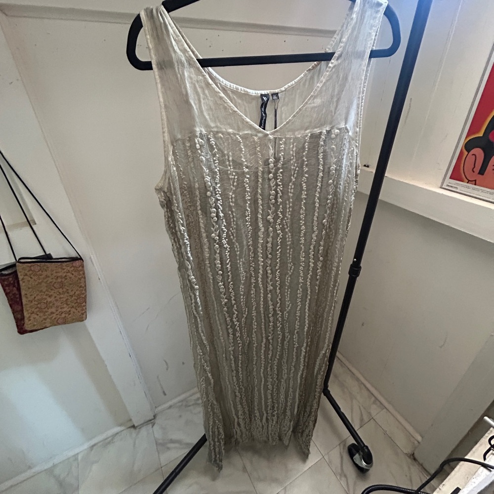 NWT Gretty Zueger Embroidered Grey Silk Maxi Dress